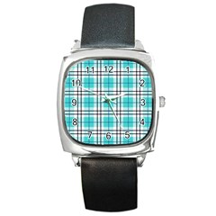 Black, white and blue turquoise plaids Square Metal Watch