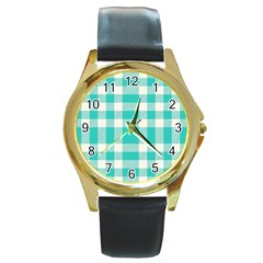 Turquoise Plaids Round Gold Metal Watch by ConteMonfrey