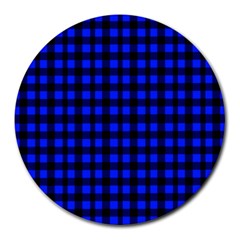 Neon Blue And Black Plaids Round Mousepads by ConteMonfrey
