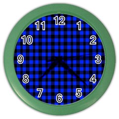 Neon Blue And Black Plaids Color Wall Clock by ConteMonfrey