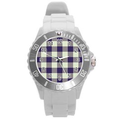 Blue Purple And White Plaids Round Plastic Sport Watch (l) by ConteMonfrey