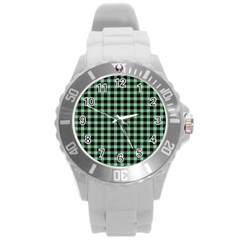 Straight Green Black Small Plaids   Round Plastic Sport Watch (l) by ConteMonfrey