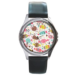 Candy Background Cartoon Round Metal Watch