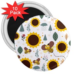 Nature Honeybee Sunflower Leaves Leaf Seamless Background 3  Magnets (10 Pack) 