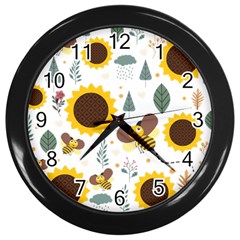 Nature Honeybee Sunflower Leaves Leaf Seamless Background Wall Clock (black)