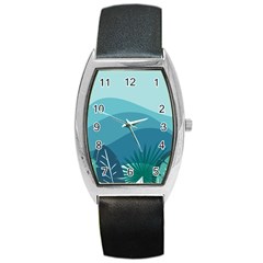 Palm Leaves Waves Mountains Hills Barrel Style Metal Watch