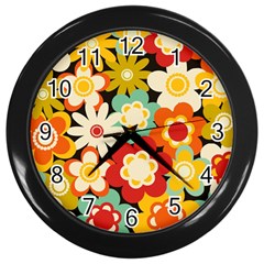 Floral Retro Vintage Blossom Wall Clock (black)