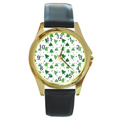 Christmas Tree Pattern Design Round Gold Metal Watch