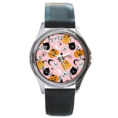 Pumpkin Cat Pattern Skull Round Metal Watch by Wegoenart