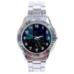 City Building Pixel Art Vaporwave Stainless Steel Analogue Watch by danenraven