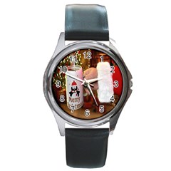 Merry Christmas - Santa Claus Holding Coffee Round Metal Watch by artworkshop