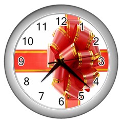 Red Ribbon Bow On White Background Wall Clock (silver) by artworkshop