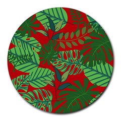 Leaves Pattern Red Green Nature Round Mousepad by Wegoenart