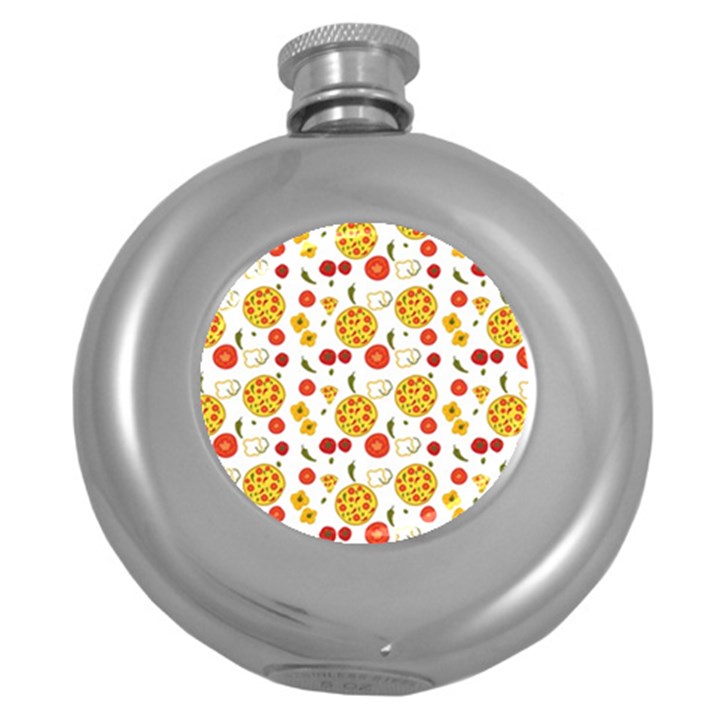 Illustration Pizza Background Vegetable Round Hip Flask (5 oz)