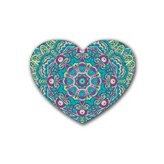 Green, Blue And Pink Mandala  Rubber Heart Coaster (4 Pack) by ConteMonfrey