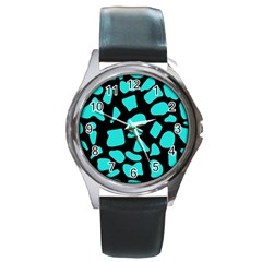 Blue Neon Cow Background   Round Metal Watch by ConteMonfrey