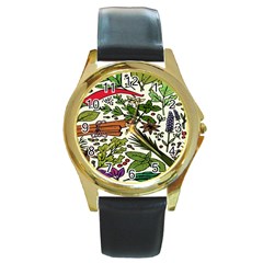 Background-033 Round Gold Metal Watch by nateshop