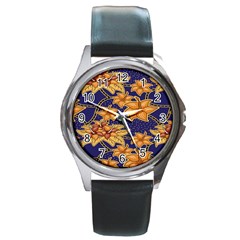 Seamless-pattern Floral Batik-vector Round Metal Watch by nateshop