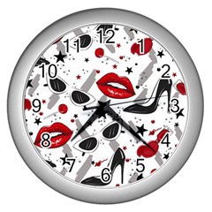 Red Lips Black Heels Pattern Wall Clock (silver)