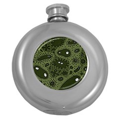 Green Bacteria Digital Wallpaper Eyes Look Biology Pattern Round Hip Flask (5 Oz) by danenraven