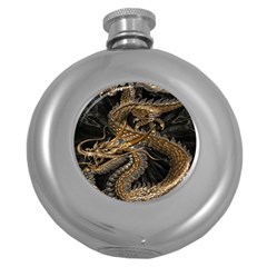 Gold And Silver Dragon Illustration Chinese Dragon Animal Round Hip Flask (5 Oz) by danenraven