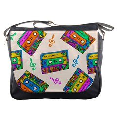 Seamless Pattern With Colorful Cassettes Hippie Style Doodle Musical Texture Wrapping Fabric Vector Messenger Bag by Ravend