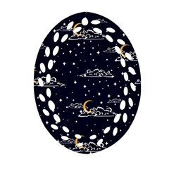 Hand Drawn Scratch Style Night Sky With Moon Cloud Space Among Stars Seamless Pattern Vector Design Oval Filigree Ornament (two Sides)