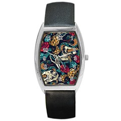 Vintage Art Tattoos Colorful Seamless Pattern Barrel Style Metal Watch