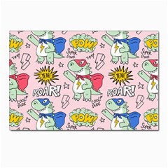 Seamless Pattern With Many Funny Cute Superhero Dinosaurs T-rex Mask Cloak With Comics Style Postcard 4 x 6  (pkg Of 10)