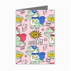 Seamless Pattern With Many Funny Cute Superhero Dinosaurs T-rex Mask Cloak With Comics Style Mini Greeting Card by Ravend
