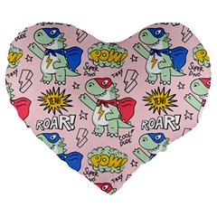 Seamless Pattern With Many Funny Cute Superhero Dinosaurs T-rex Mask Cloak With Comics Style Large 19  Premium Heart Shape Cushions by Ravend