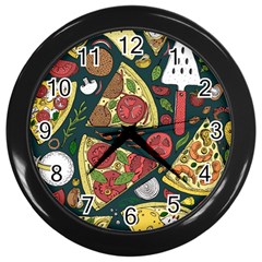 Vector Seamless Pizza Slice Pattern Hand Drawn Pizza Illustration Great Pizzeria Menu Background Wall Clock (black) by Ravend