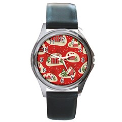 Christmas New Year Seamless Pattern Round Metal Watch