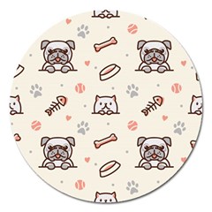 Pug-dog-cat-with-bone-fish-bones-paw-prints-ball-seamless-pattern-vector-background Magnet 5  (round)