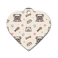 Pug-dog-cat-with-bone-fish-bones-paw-prints-ball-seamless-pattern-vector-background Dog Tag Heart (two Sides) by Jancukart
