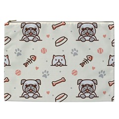 Pug-dog-cat-with-bone-fish-bones-paw-prints-ball-seamless-pattern-vector-background Cosmetic Bag (xxl) by Jancukart