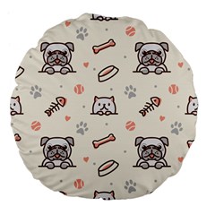 Pug-dog-cat-with-bone-fish-bones-paw-prints-ball-seamless-pattern-vector-background Large 18  Premium Flano Round Cushions by Jancukart