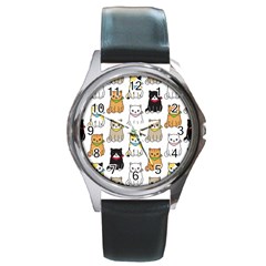 Cat-kitten-seamless-pattern Round Metal Watch