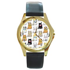 Cat-kitten-seamless-pattern Round Gold Metal Watch