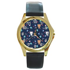 Cute-astronaut-cat-with-star-galaxy-elements-seamless-pattern Round Gold Metal Watch