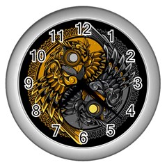 Yin-yang-owl-doodle-ornament-illustration Wall Clock (silver)
