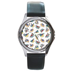 Seamless-pattern-with-hand-drawn-bird-black Round Metal Watch