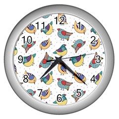 Seamless-pattern-with-hand-drawn-bird-black Wall Clock (silver)