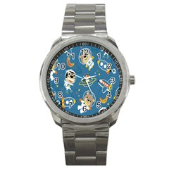 Seamless-pattern-funny-astronaut-outer-space-transportation Sport Metal Watch by Jancukart