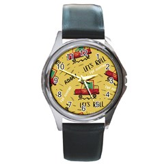 Childish-seamless-pattern-with-dino-driver Round Metal Watch