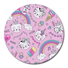 Beautiful Cute Animals Pattern Pink Beautiful Cute Animals Pattern Pink Rainbow Round Mousepad