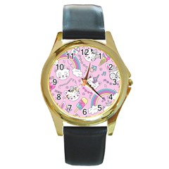 Beautiful Cute Animals Pattern Pink Beautiful Cute Animals Pattern Pink Rainbow Round Gold Metal Watch