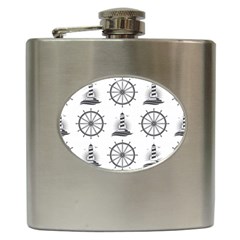 Marine-nautical-seamless-pattern-with-vintage-lighthouse-wheel Hip Flask (6 Oz) by Jancukart