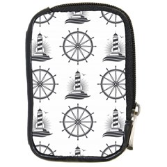 Marine-nautical-seamless-pattern-with-vintage-lighthouse-wheel Compact Camera Leather Case by Jancukart