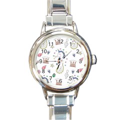 Seamless-pattern-cute-unicorn-cartoon-hand-drawn Round Italian Charm Watch